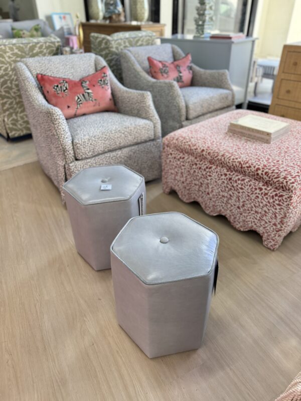 Set of (2) Genuine Leather hexagon  Ottomans | light blue - Image 7