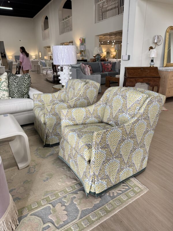 Set of (2) Lee Industries Swivel Memory Down Chairs | Cyrus Fawn w/ Winthrop Eucalyptus Banding - Image 4