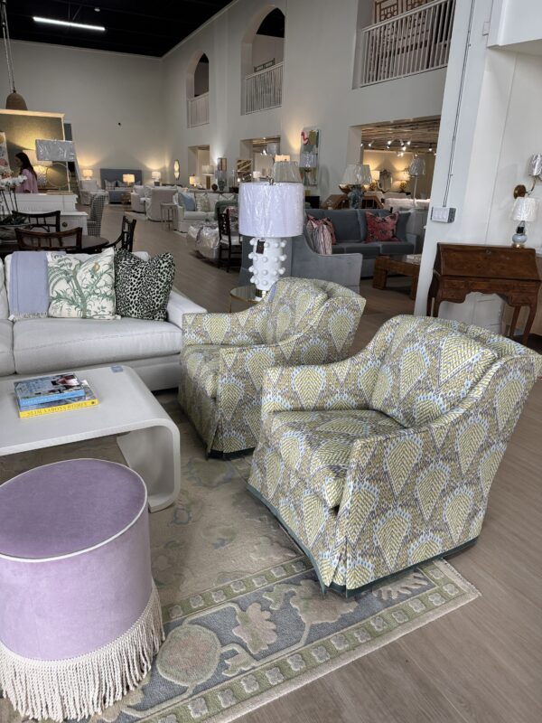 Set of (2) Lee Industries Swivel Memory Down Chairs | Cyrus Fawn w/ Winthrop Eucalyptus Banding - Image 3