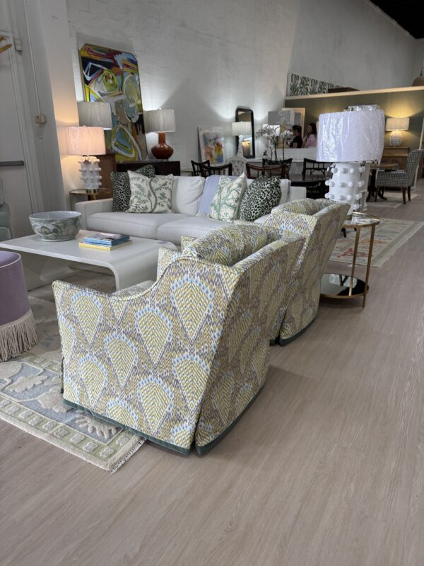 Set of (2) Lee Industries Swivel Memory Down Chairs | Cyrus Fawn w/ Winthrop Eucalyptus Banding - Image 2