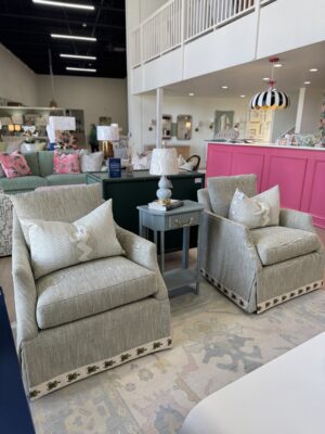 Set of (2) Madeline Skirted Chairs | Belfast Green w/ beetle Banded Skirt