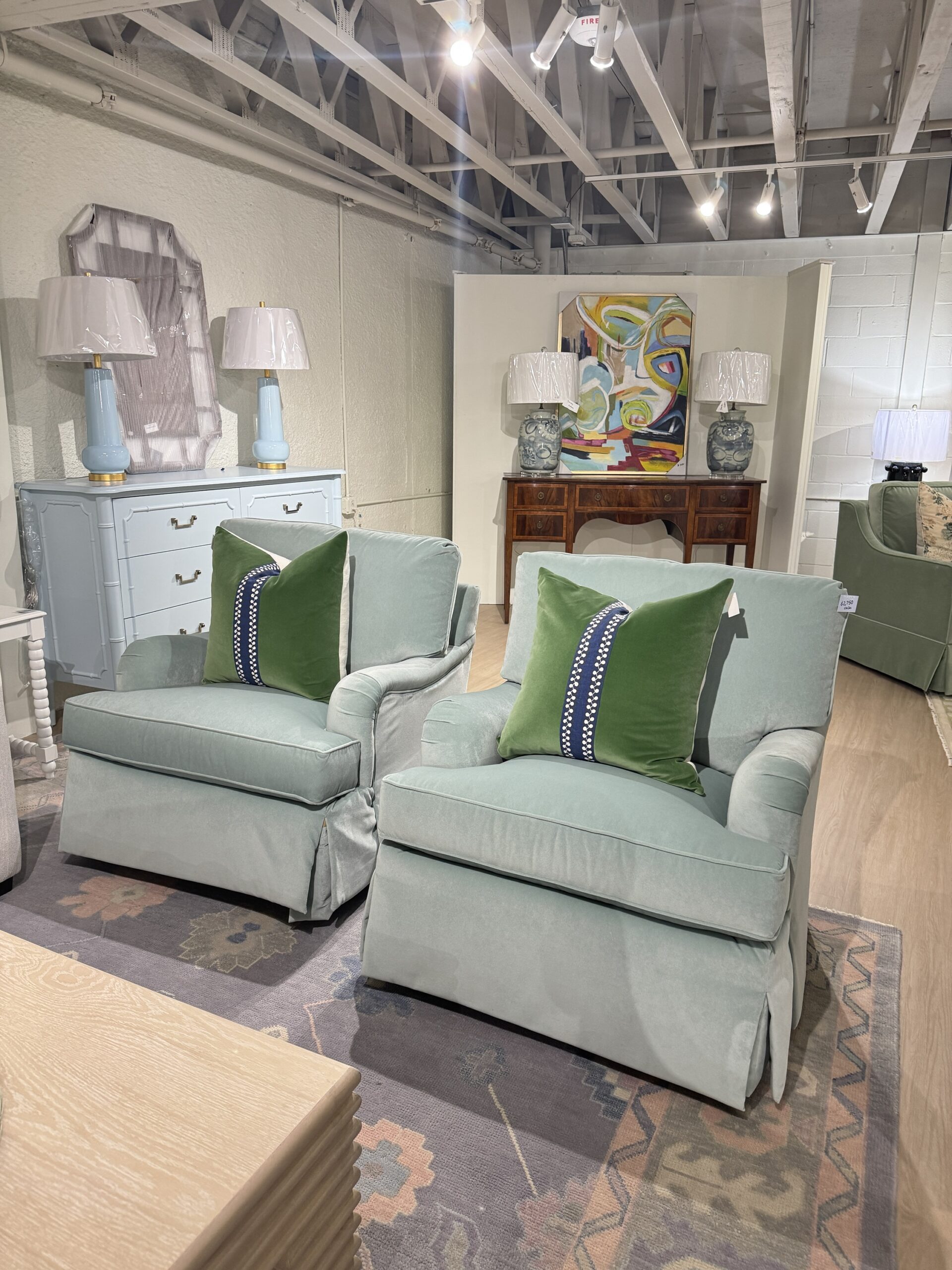 Set of (2) Massoud Emma Swivel Rock Skirted English Arm Chairs | Banks Shale Blue - Image 5