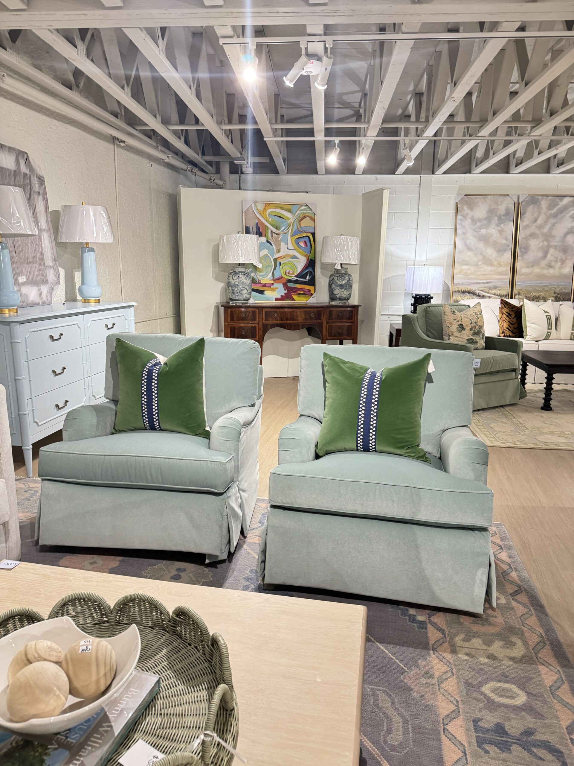 Set of (2) Massoud Emma Swivel Rock Skirted English Arm Chairs | Banks Shale Blue - Image 4