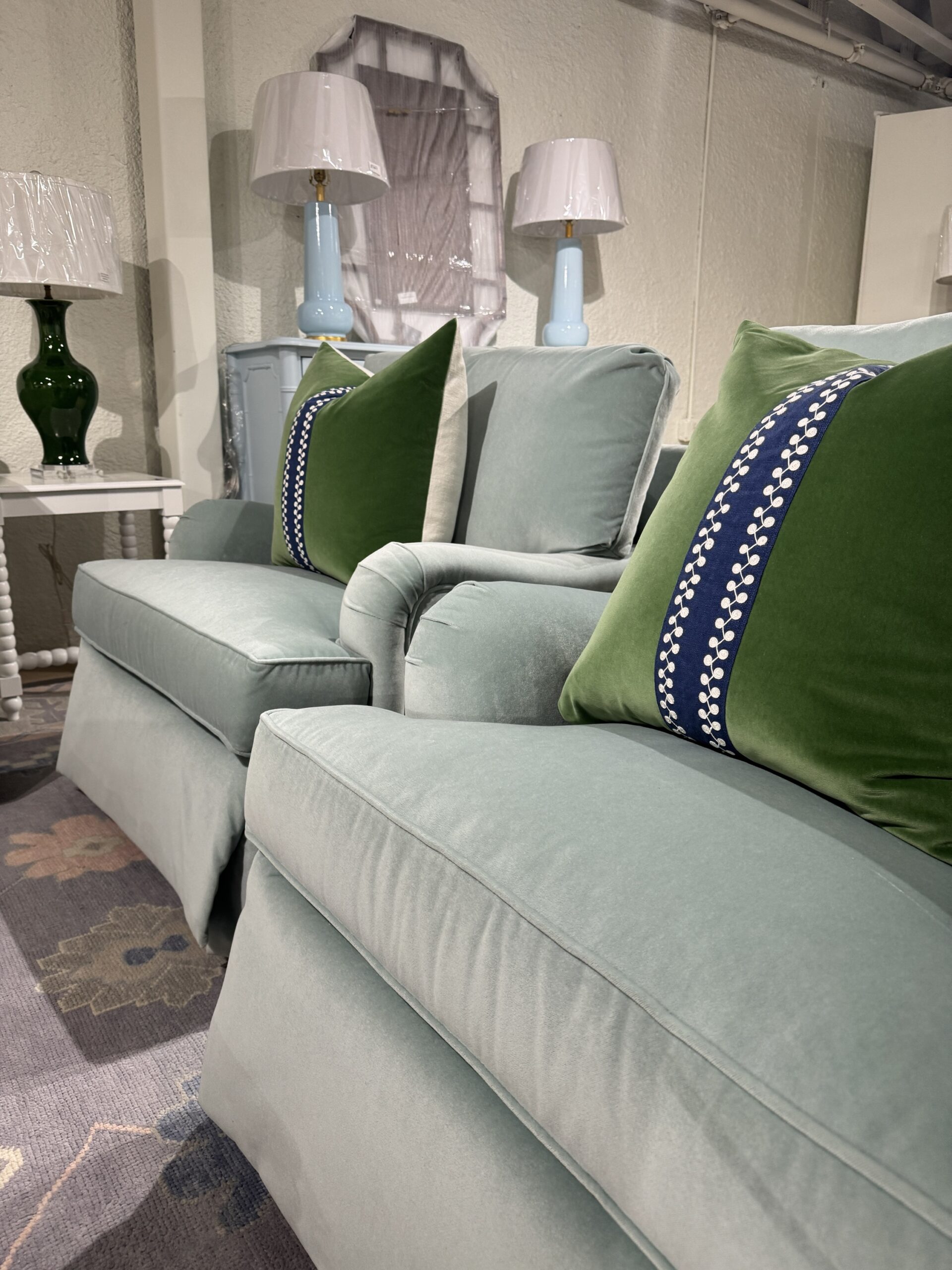 Set of (2) Massoud Emma Swivel Rock Skirted English Arm Chairs | Banks Shale Blue - Image 2