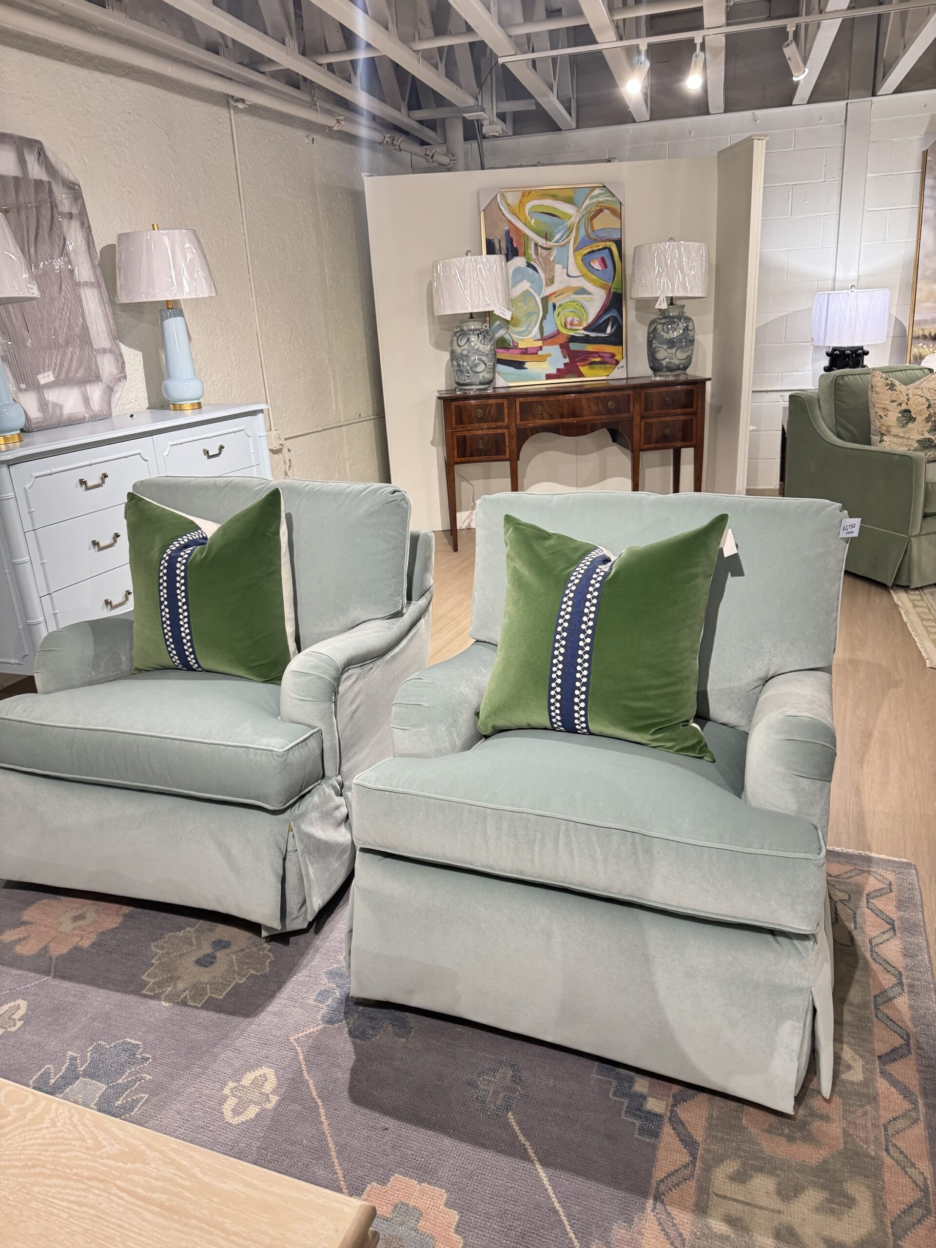 Set of (2) Massoud Emma Swivel Rock Skirted English Arm Chairs | Banks Shale Blue