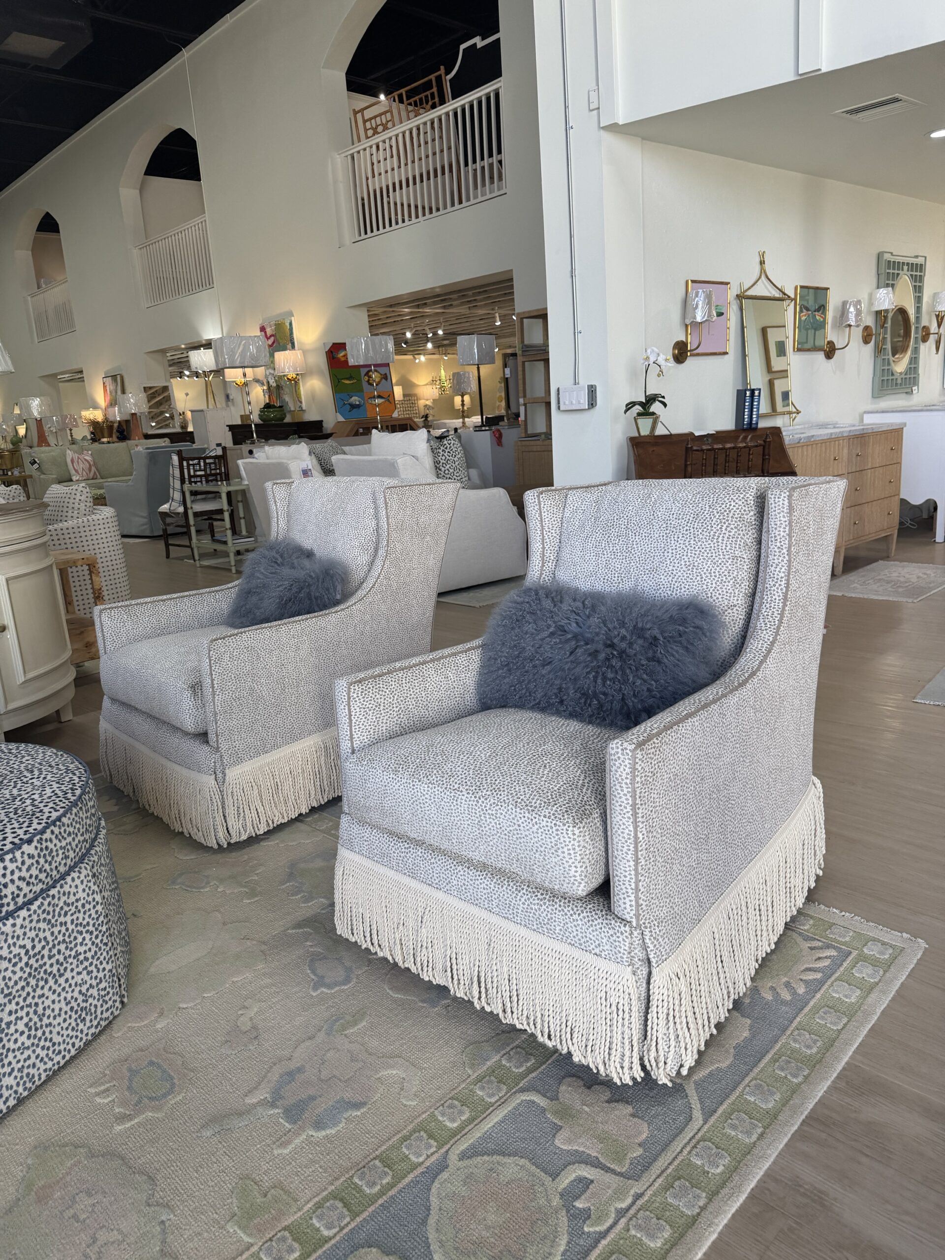 Grier skirted chair in fabric yambo platinum with a toupe welt & fringe tape trim - these swivel and rock chair ! - 2950 each - sold as a set! - Image 2