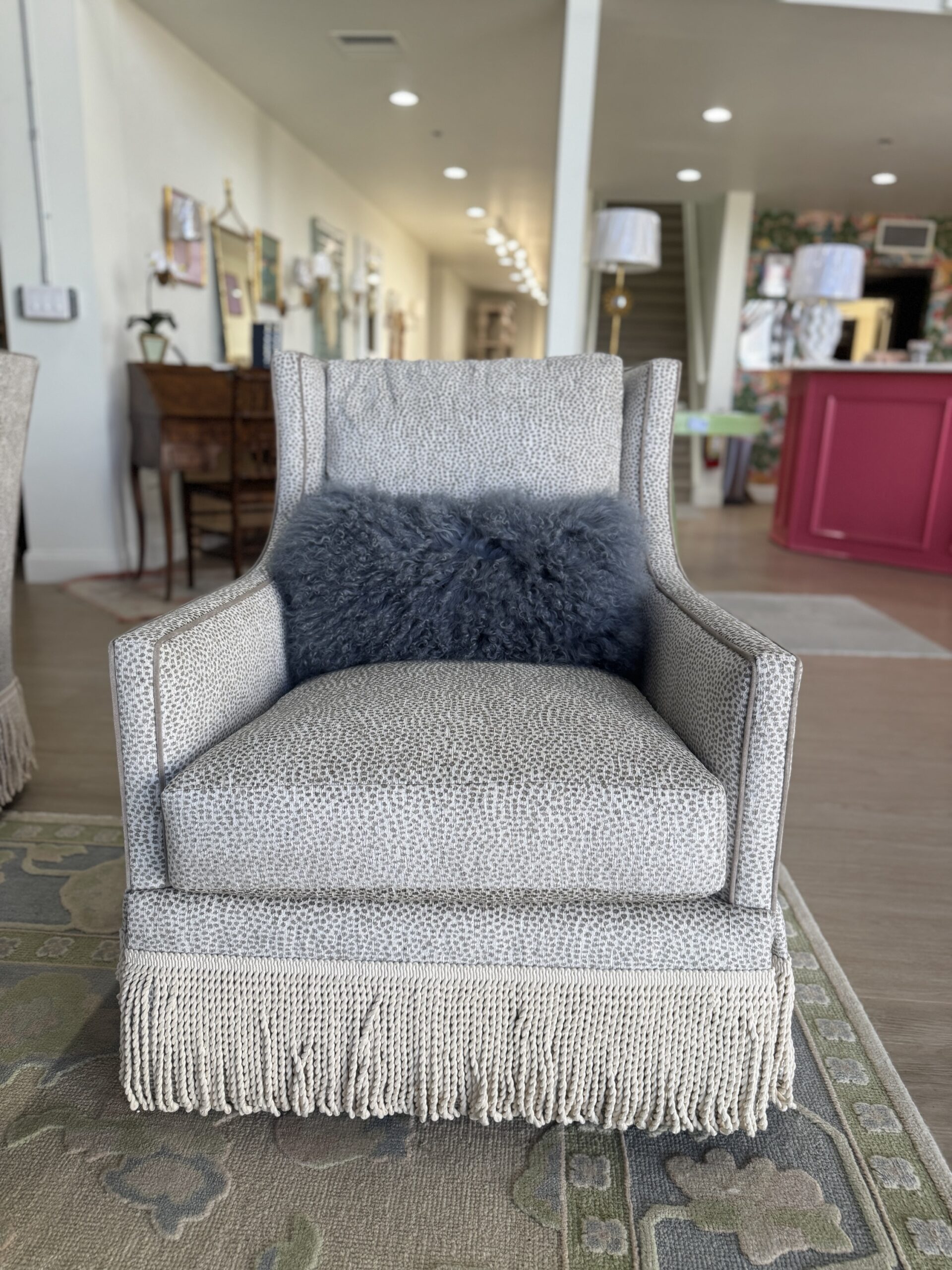 Grier skirted chair in fabric yambo platinum with a toupe welt & fringe tape trim - these swivel and rock chair ! - 2950 each - sold as a set! - Image 5