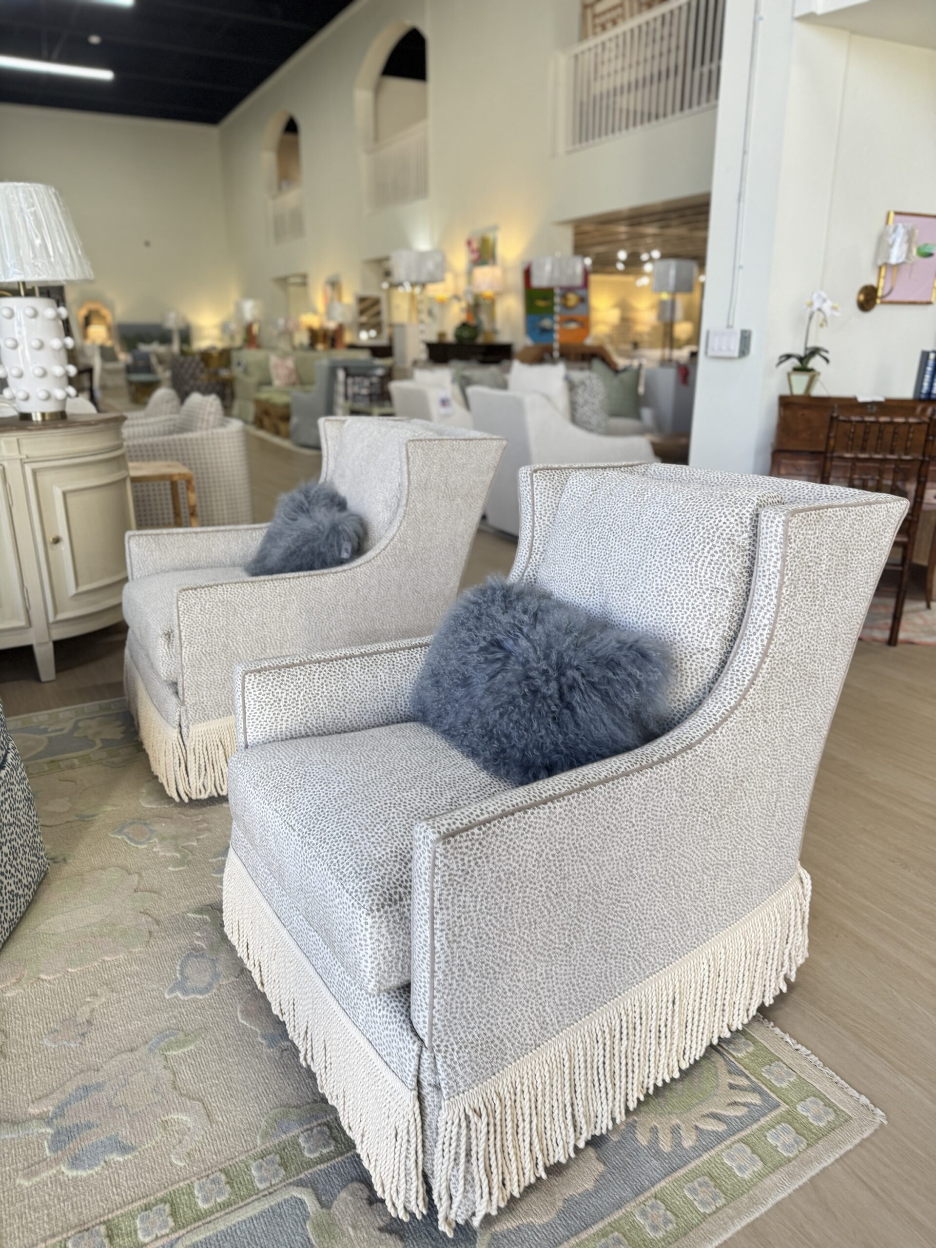 Grier skirted chair in fabric yambo platinum with a toupe welt & fringe tape trim - these swivel and rock chair ! - 2950 each - sold as a set! - Image 4