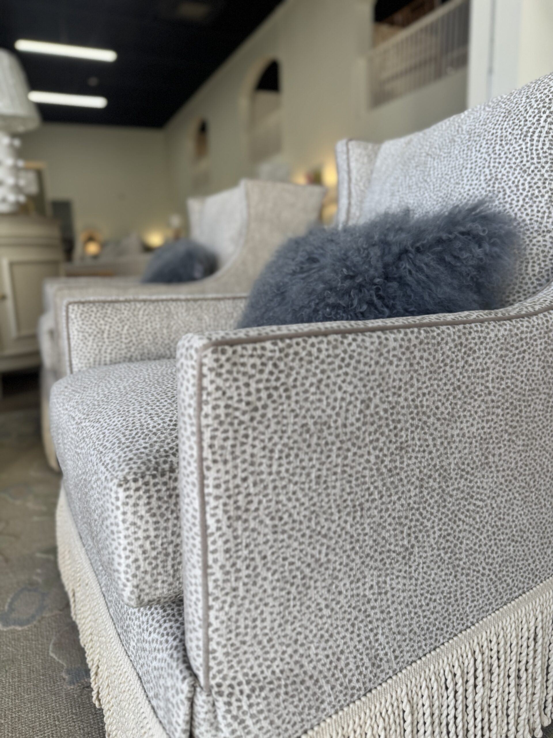 Grier skirted chair in fabric yambo platinum with a toupe welt & fringe tape trim - these swivel and rock chair ! - 2950 each - sold as a set! - Image 6