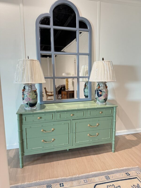 Vintage  faux bamboo vintage dresser lacquered in BM green winch village - Image 4