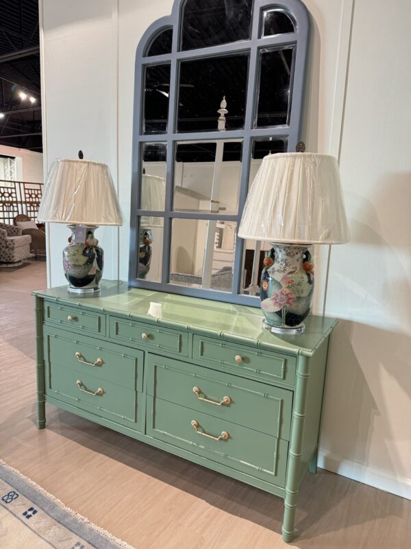 Vintage  faux bamboo vintage dresser lacquered in BM green winch village - Image 3