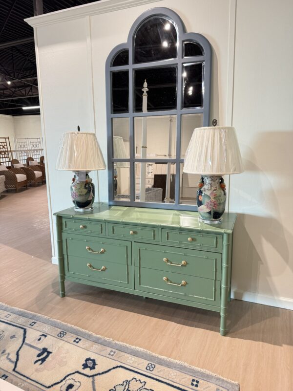 Vintage  faux bamboo vintage dresser lacquered in BM green winch village - Image 2