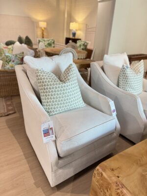 Poppy’s line AM swivel & rock chair and bleach cleanable fabric revolution Hailey bone