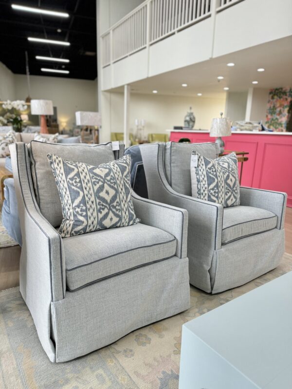 Set of (2) Lee Industries Swivel Glide Memory Down Chairs | Solstice Beach w/ McKenzie Lake Welting