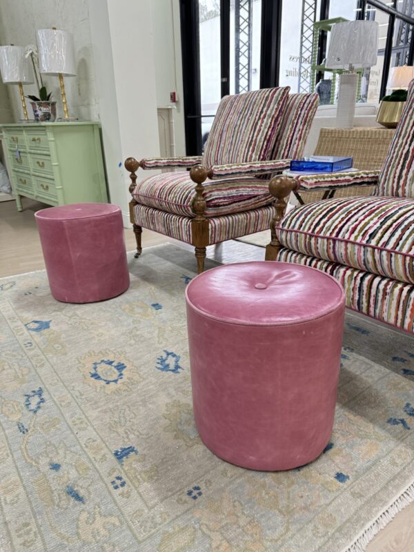 Set of (2) Genuine Leather Cylinder Ottomans | Pink - Image 7