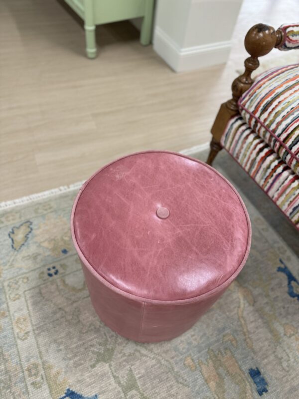 Set of (2) Genuine Leather Cylinder Ottomans | Pink - Image 2