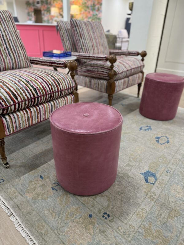 Set of (2) Genuine Leather Cylinder Ottomans | Pink - Image 3