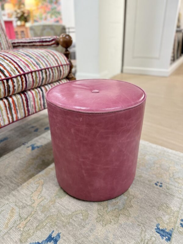 Set of (2) Genuine Leather Cylinder Ottomans | Pink