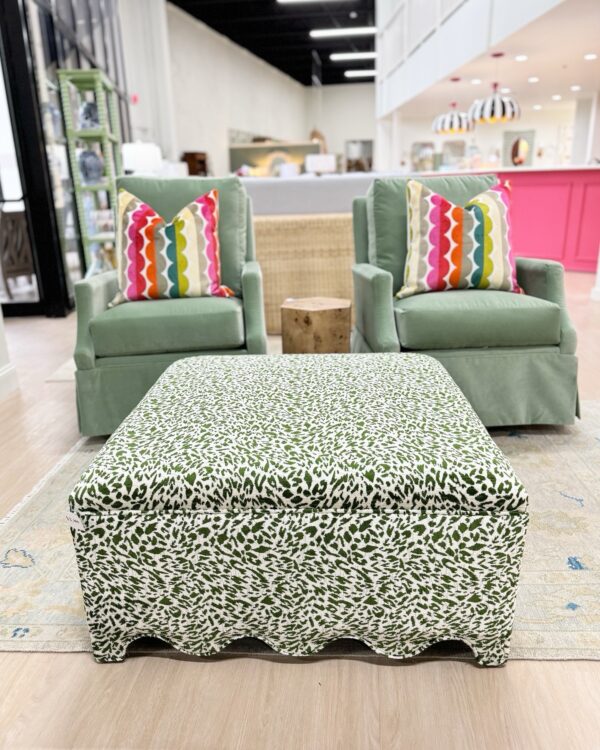 Scalloped green print fabric upholstered square ottoman!