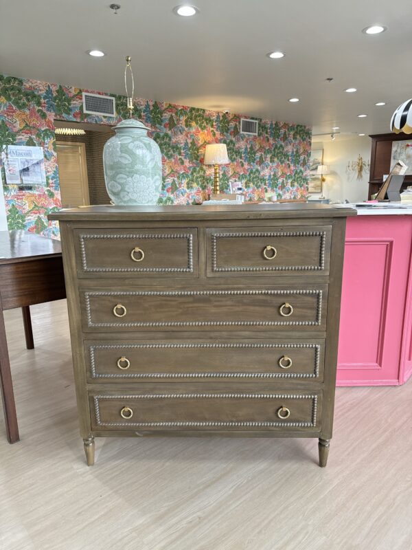 Cholet tall 5 drawer dresser in straw  stain finish and gold hardware