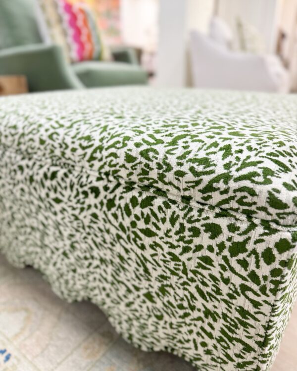 Scalloped green print fabric upholstered square ottoman! - Image 5