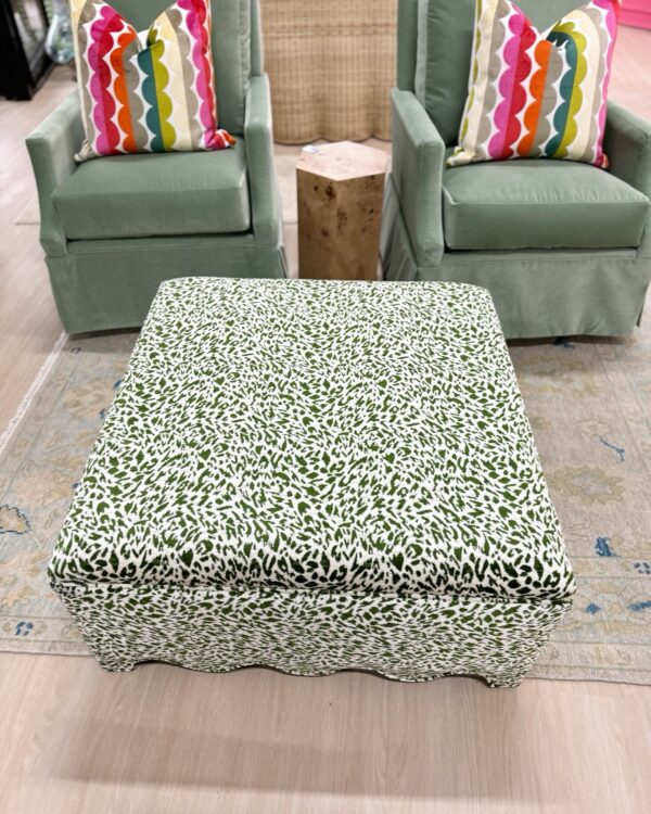 Scalloped green print fabric upholstered square ottoman! - Image 4