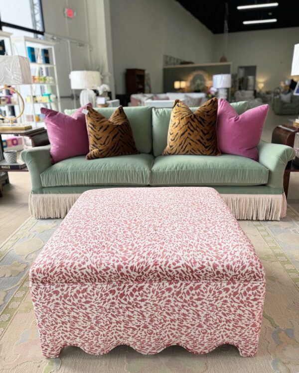 Scalloped pink print fabric upholstered square ottoman! Copy - Image 3