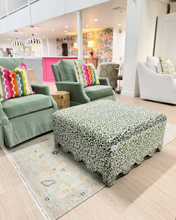 Scalloped green print fabric upholstered square ottoman! - Image 3