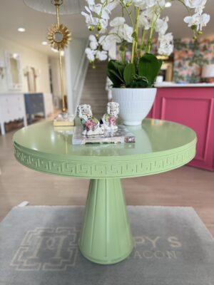 NEW | Athena Greek key round table lacquered in color BM Woodland Hills Green