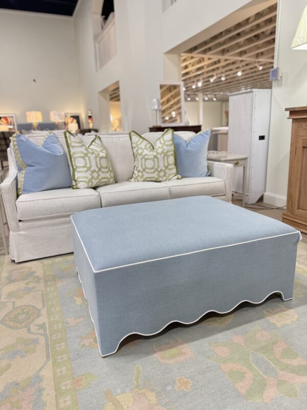 Scalloped blue and white fabric upholstered square ottoman! - Image 7