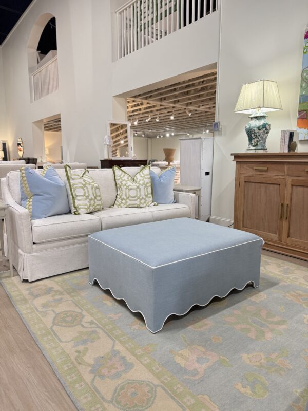 Scalloped blue and white fabric upholstered square ottoman! - Image 6