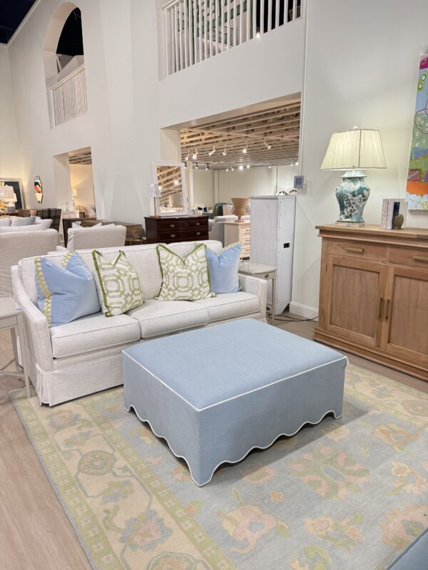 Scalloped blue and white fabric upholstered square ottoman!