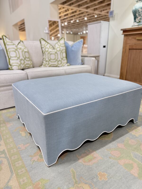 Scalloped blue and white fabric upholstered square ottoman! - Image 2