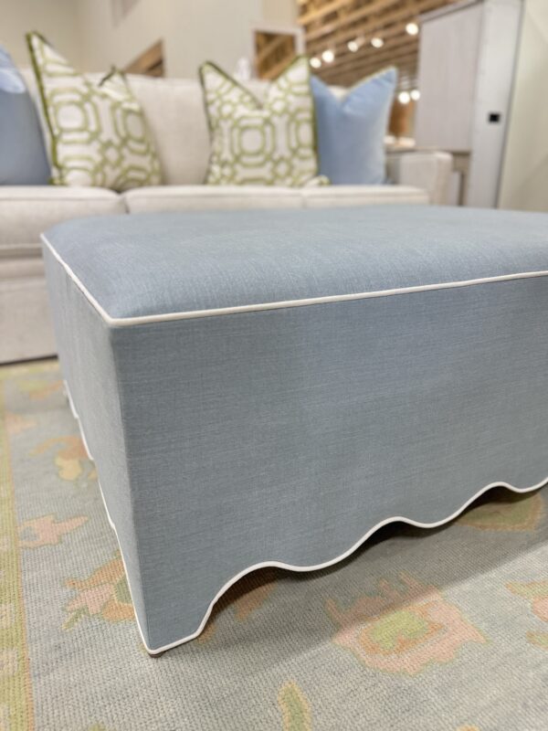 Scalloped blue and white fabric upholstered square ottoman! - Image 3
