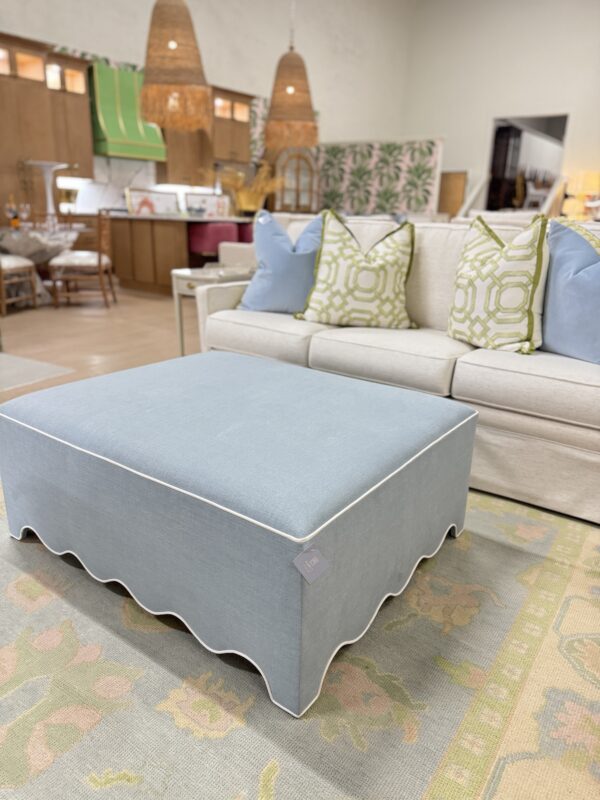 Scalloped blue and white fabric upholstered square ottoman! - Image 4