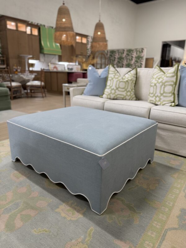 Scalloped blue and white fabric upholstered square ottoman! - Image 5