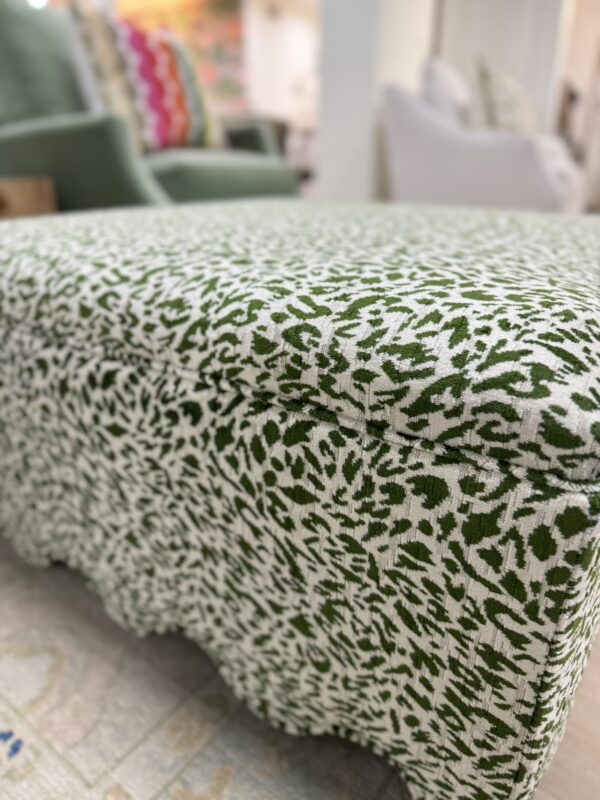 Scalloped green print fabric upholstered square ottoman! - Image 2