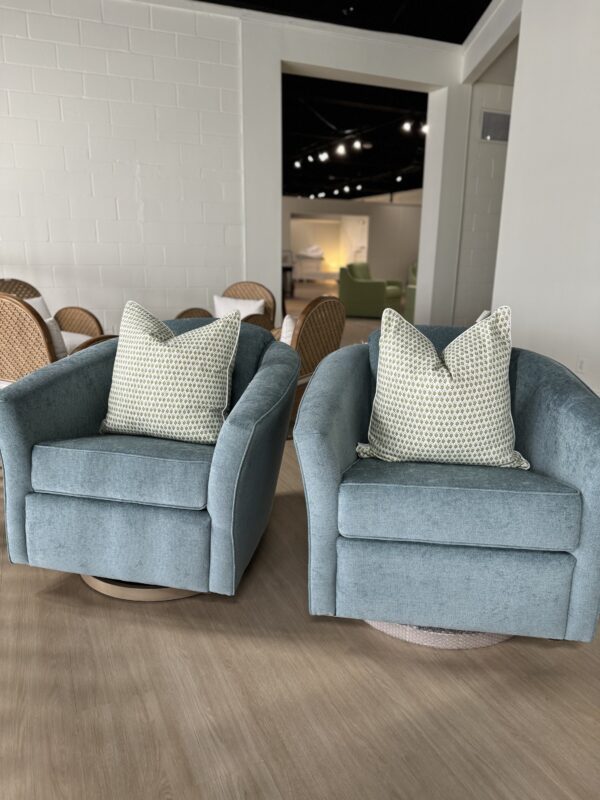 Set of (2) Barrel Back Swivel & rock Chairs | performance turquoise with wooden base