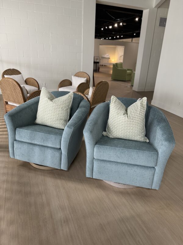 Set of (2) Barrel Back Swivel & rock Chairs | performance turquoise with wooden base - Image 5