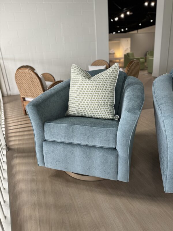 Set of (2) Barrel Back Swivel & rock Chairs | performance turquoise with wooden base - Image 2