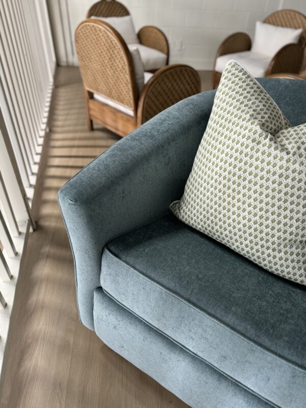Set of (2) Barrel Back Swivel & rock Chairs | performance turquoise with wooden base - Image 3