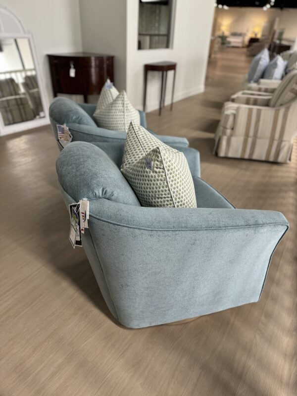 Set of (2) Barrel Back Swivel & rock Chairs | performance turquoise with wooden base - Image 4