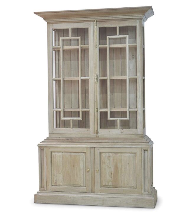 Burges in fruitwood finish 2 piece display cabniet with glass