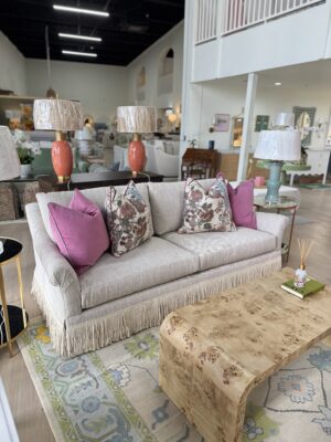 Grace massoud skirted 2 cushion sofa with bullion fringe in fabric - greenhouse latte cleaning code W
