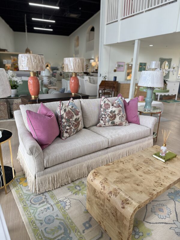 Grace massoud skirted 2 cushion sofa with bullion fringe in fabric - greenhouse latte cleaning code W