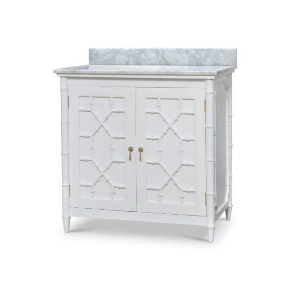 Grovsner lightly distressed white bamboo vanity with marble top and skink included - Image 5