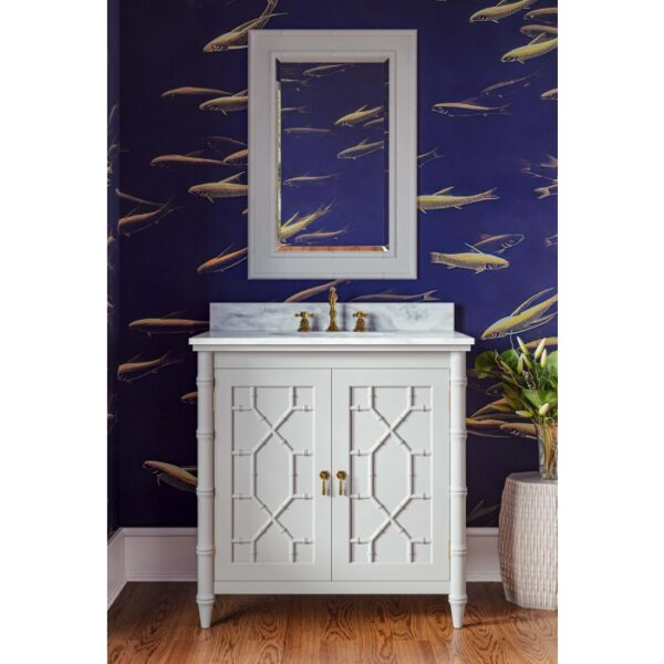 Grovsner lightly distressed white bamboo vanity with marble top and skink included