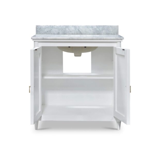 Grovsner lightly distressed white bamboo vanity with marble top and skink included - Image 4