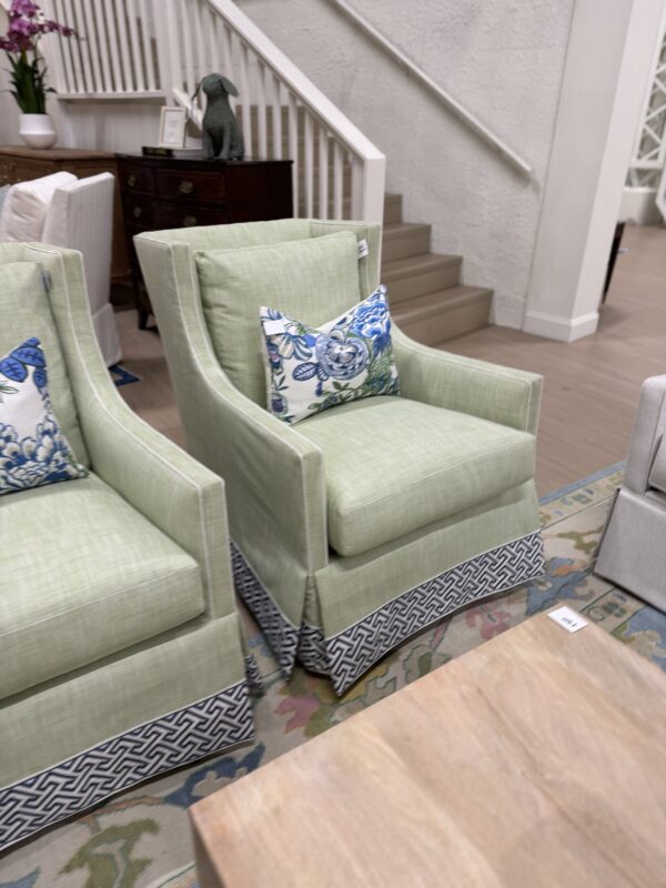 Grier skirted chair in performance fabric rollo meadow with a white welt & tape trim  - these swivel and rock chair ! - 2950 each - sold as a set! - Image 2