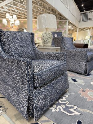Grier skirted swivel and rock chair set covered in fleck midnight with a blue welt ! - $2750 each!